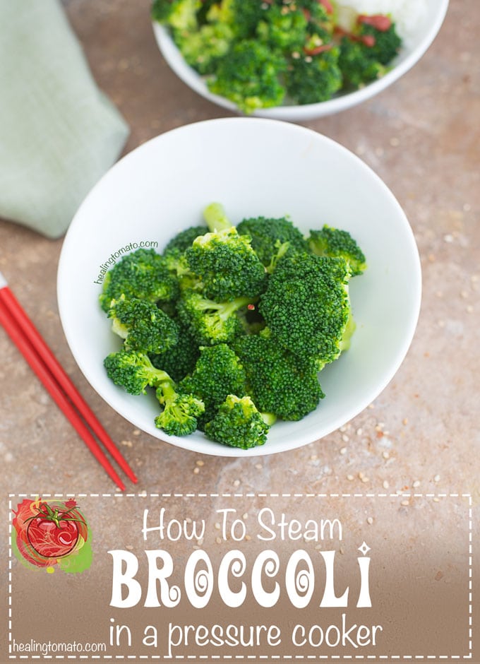 Top view of broccoli in a white bowl with chopsticks on the side.  Vegan Thanksgiving Menu