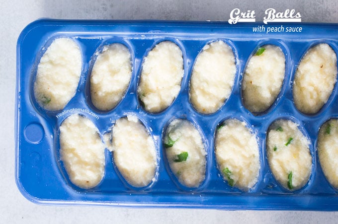 Overhead View of Cooked Grits in ice cube tray - Fried Grits Balls
