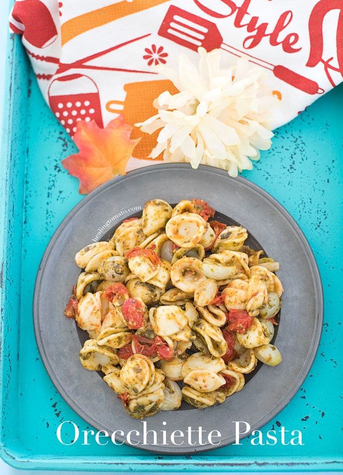 Overhead view of a grey plate filled with Vegan Orecchiette Pasta, roasted tomatoes and pearl onions on a turquiose tray