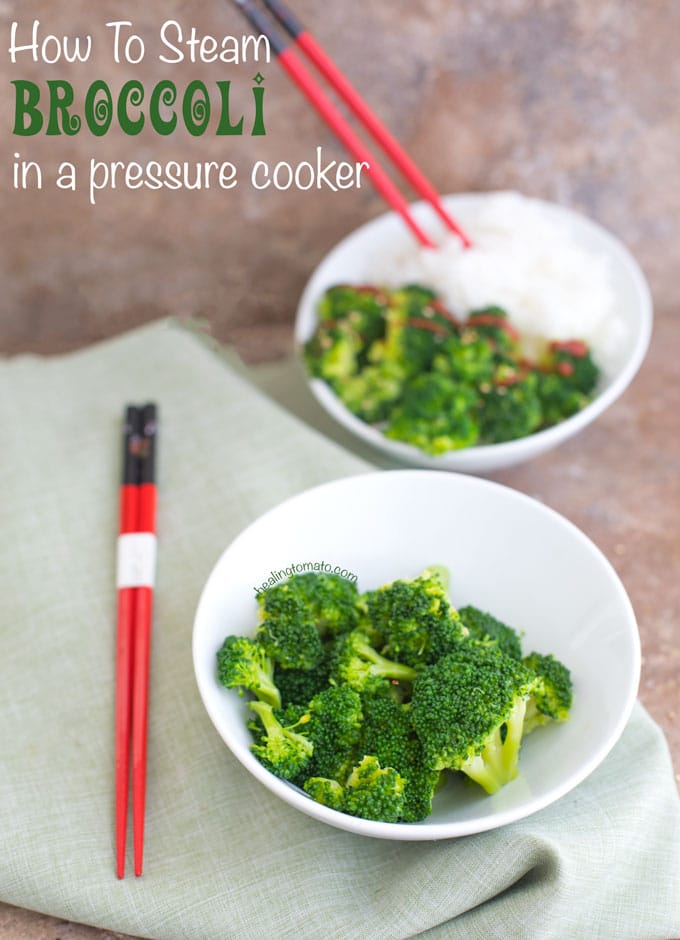 Overhead view of 2 bowls of steamed broccoli in white bowls. 2nd bowl has rice and broccoli - Pressure Cooker Steamed Broccoli