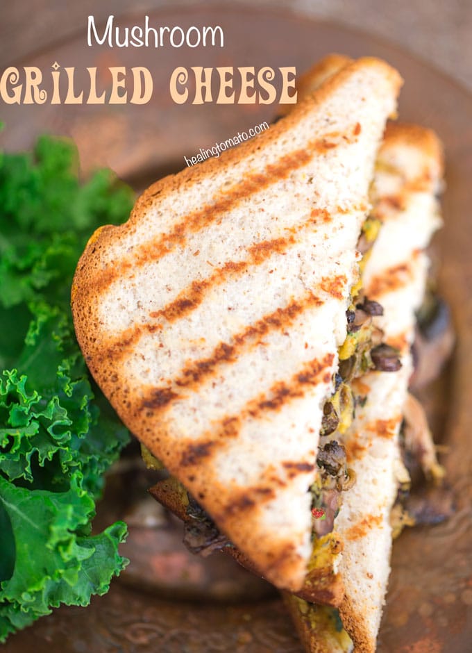 Overhead view of Mushroom Grilled Cheese sandwich with char marks