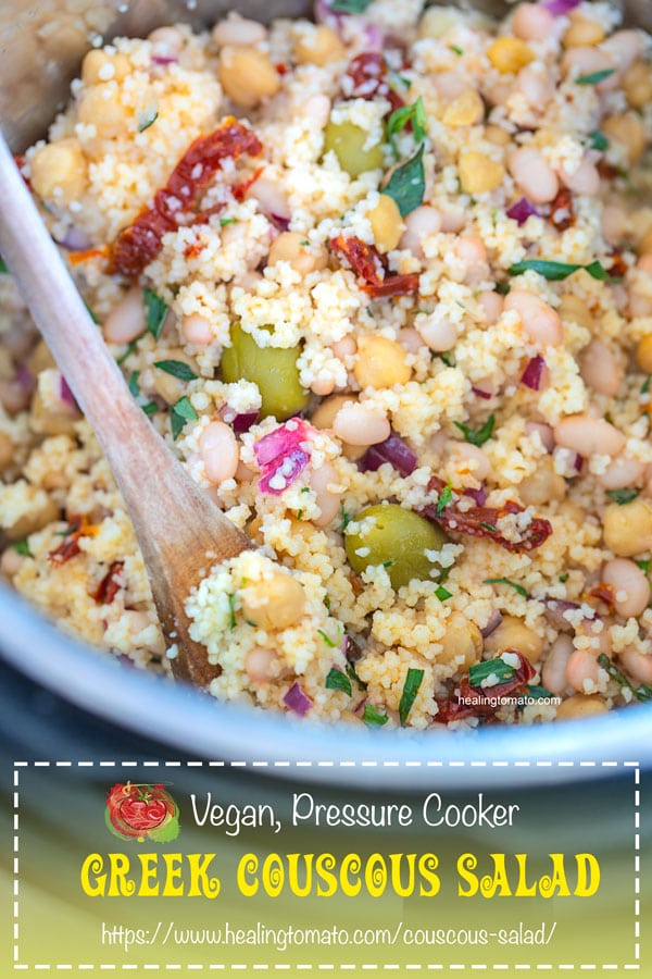 Top view of couscous salad in the Instant Pot Container with a wooden spoon in it.