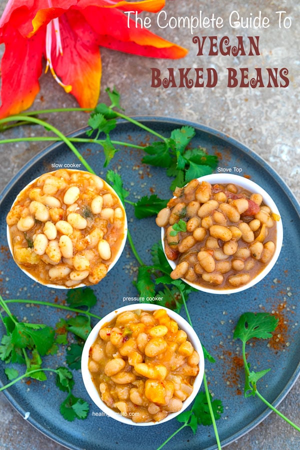 Overhead view of 3 ramekins filled with bake beans