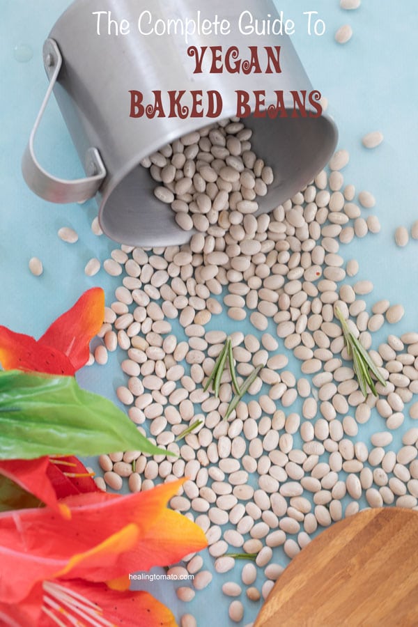 Overhead view of a steel container on its side with dry navy beans spilling out of it. A flower is on the side -vegan baked beans