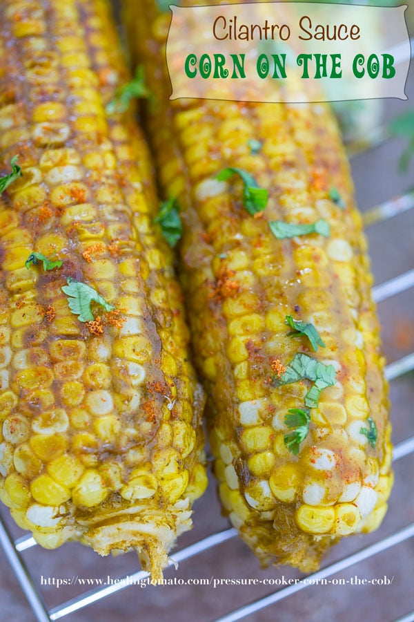 Closeup of 2 Corn on the cob cooked and spread with a cilantro sauce