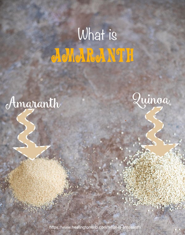 One tiny mound of amaranth grain on the left and a tiny mound of quinoa on the right for comparison