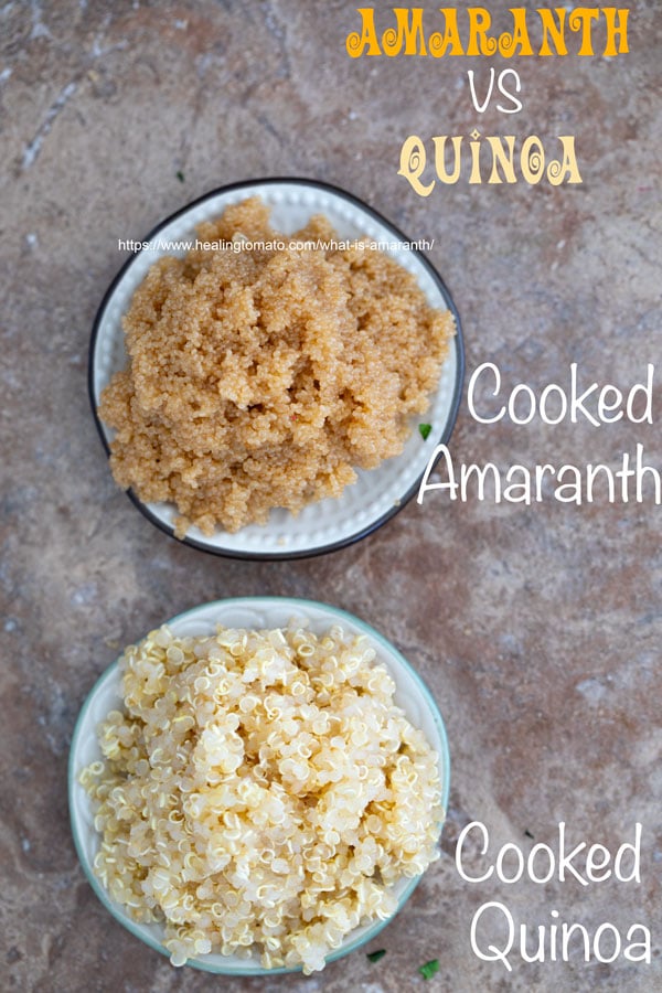 A small plate with cooked amaranth and A small plate with cooked quinoa for comparison