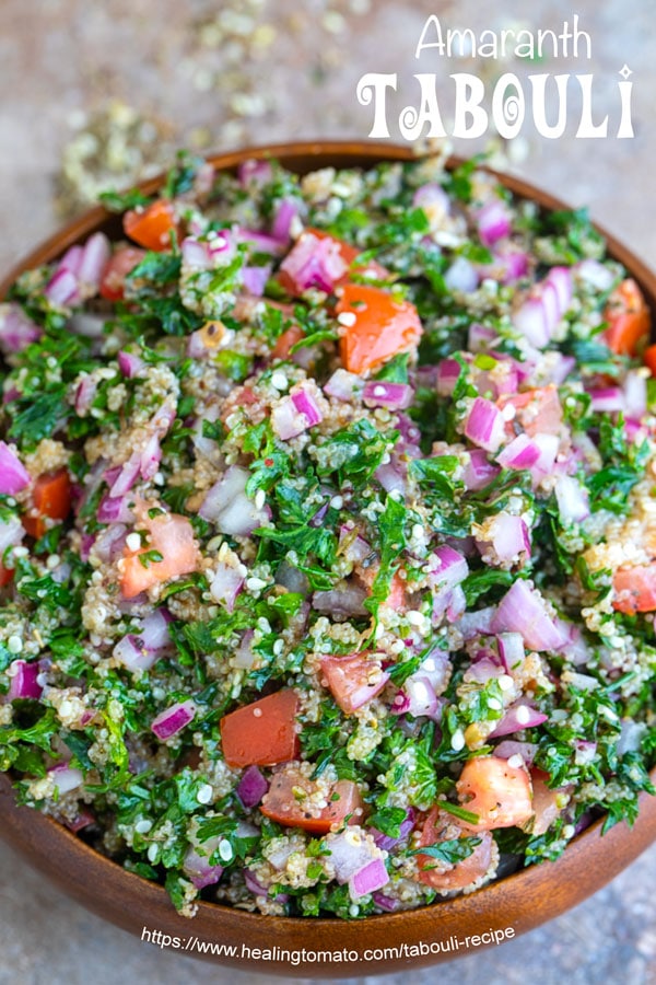 Overhead and closeup view of a brown bowl filled to the top with Amaranth Tabouli