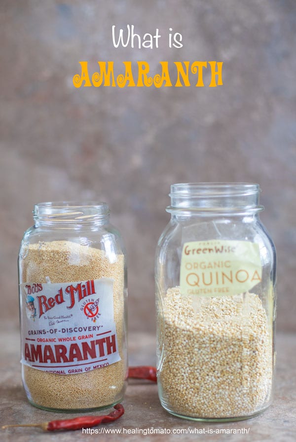 Two glass bottles with amaranth and quinoa labeled respectively