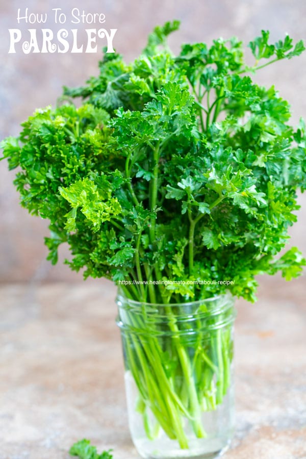 Front view of a parsley bunch in a mason jar with water