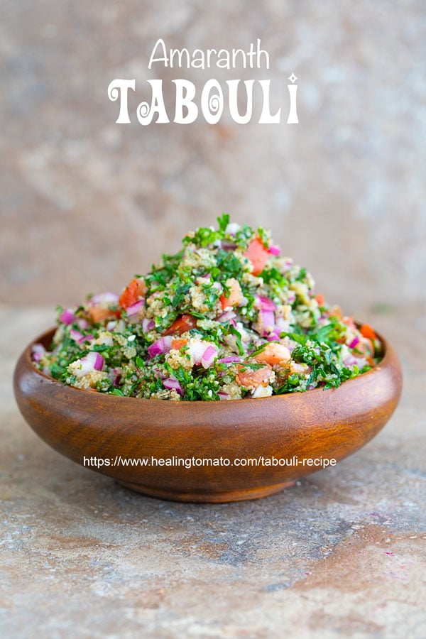Front view of a brown bowl filled to the top with Amaranth Tabouli