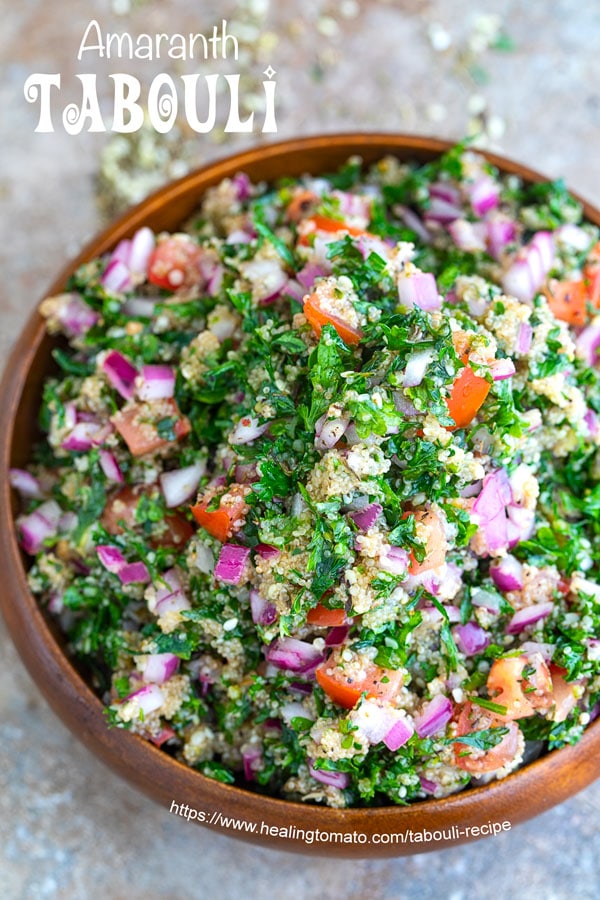 Overhead view of a brown bowl filled to the top with Amaranth Tabouli. Easy healthy recipes