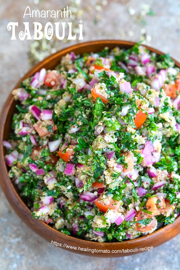 Overhead view of a brown bowl filled to the top with Amaranth Tabouli