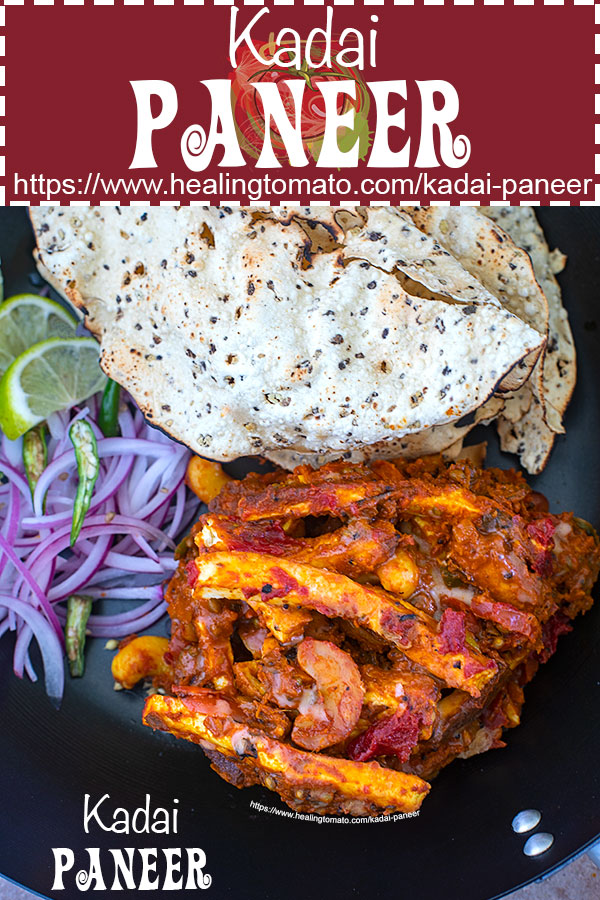 Not-quite dhaba style Indian Kadai Paneer. Indian restaurant food made at home! Paneer strips in a rich tomato sauce with coriander seeds and cashews #healingtomato #kadai #kadaipaneer #paneer #indianfood #vegetarian #recipes #vegetarianrecipes #indianrestaurant #homemade #comfortfood #appetizers #maincourse #meals https://www.healingtomato.com/kadai-paneer/