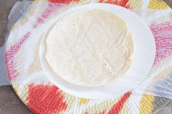 corn tortilla on a wet towel on a plate - Vegan Taquitos