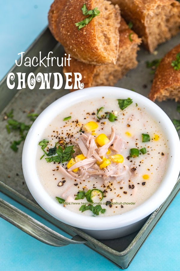 Overhead view of jackfruit chowder on a grey tray