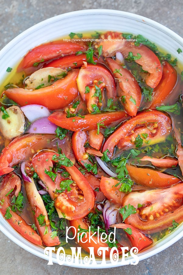 Overhead view of tomato wedges, onions and herbs in a white bowl surrounded by a liquid