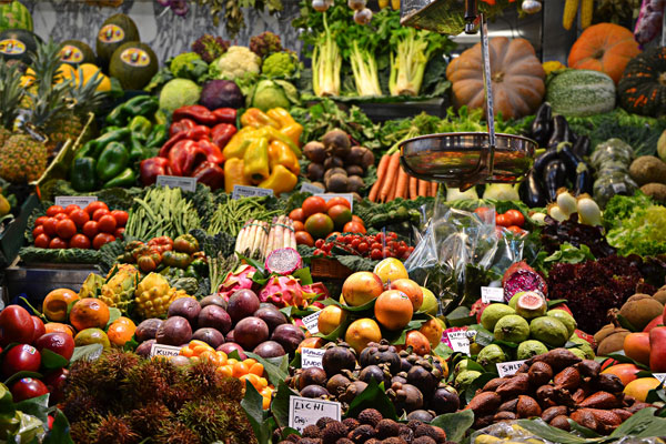 Front view of assorted vegetables in a market 