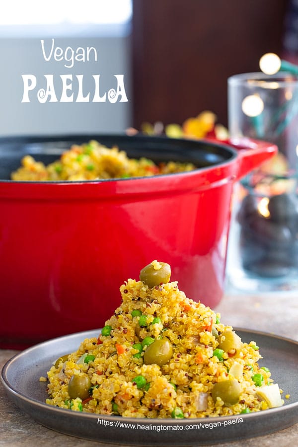 Front View of Vegan Paella arranged as a cone on a grey plate