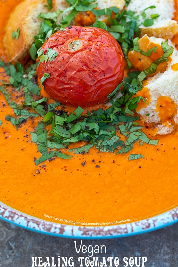 Closeup view of the healing tomato soup in blue bowl