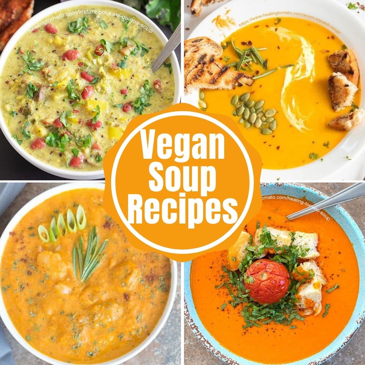Collage of 4 images with the words "vegan soup recipes" in the middle