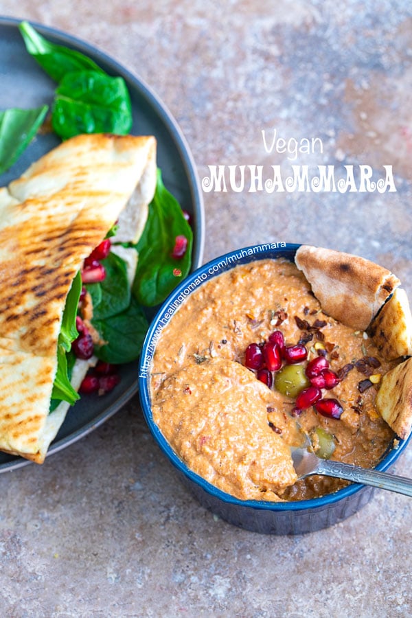 overhead view of muhammara in a bowl with pita sandwich
