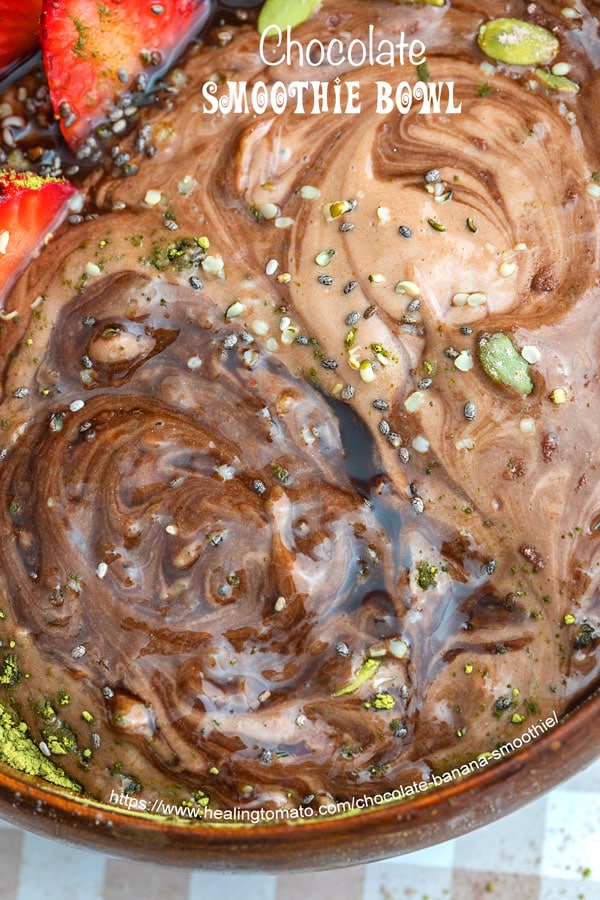 Closeup view of chocolate banana smoothie bowl