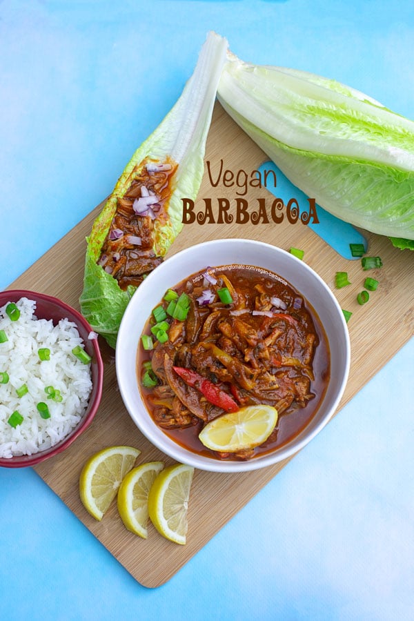 Overhead view of vegan barbacoa sauce in a white bowl