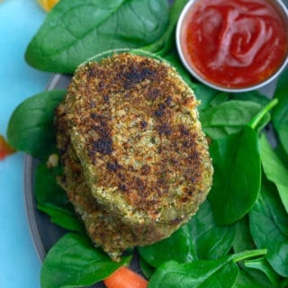 Overhead view of broccoli dippers on a bed of greens