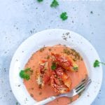 Overhead view of stuffed shells in rosa sauce