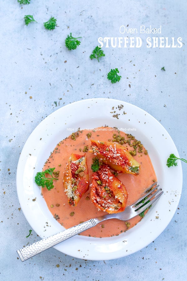 Overhead view of stuffed shells in rosa sauce