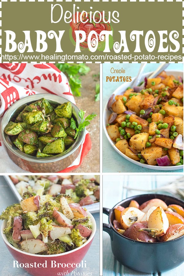 A collage of 4 roasted baby potatoes recipe