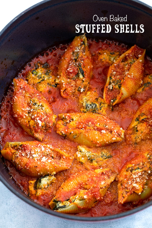 Stuffed shells after being cooked in the Dutch oven - 5 hearty vegan dutch oven recipes