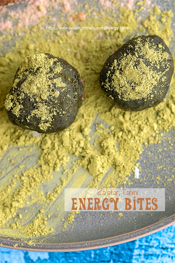 Overhead view of matcha coated no bake energy bites