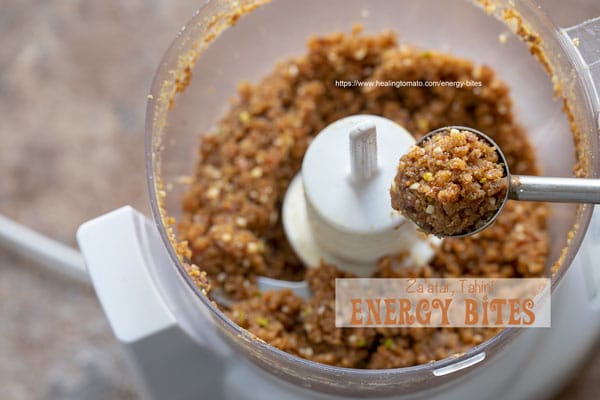 Overhead view of food processor with the finished after all the ingredients have been blended