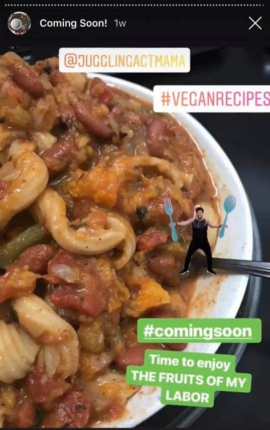 screengrab of the author's instagram story with @mentions, hashtags, "Time to enjoy the fruits of my labor" and the 1 week time stamp - vegan chili