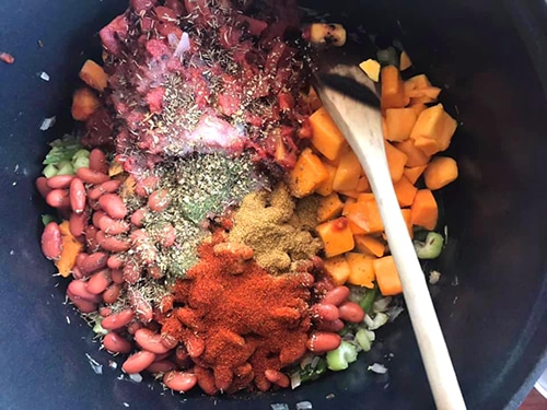 all the dried spices added to the Dutch oven