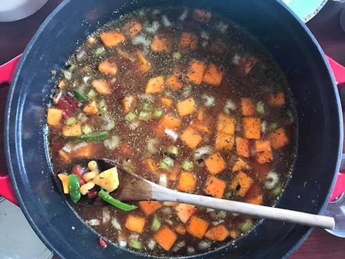 water added to the Dutch oven - Vegan Chili