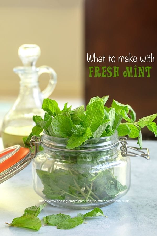 Front view of a mason jar filled with fresh mint