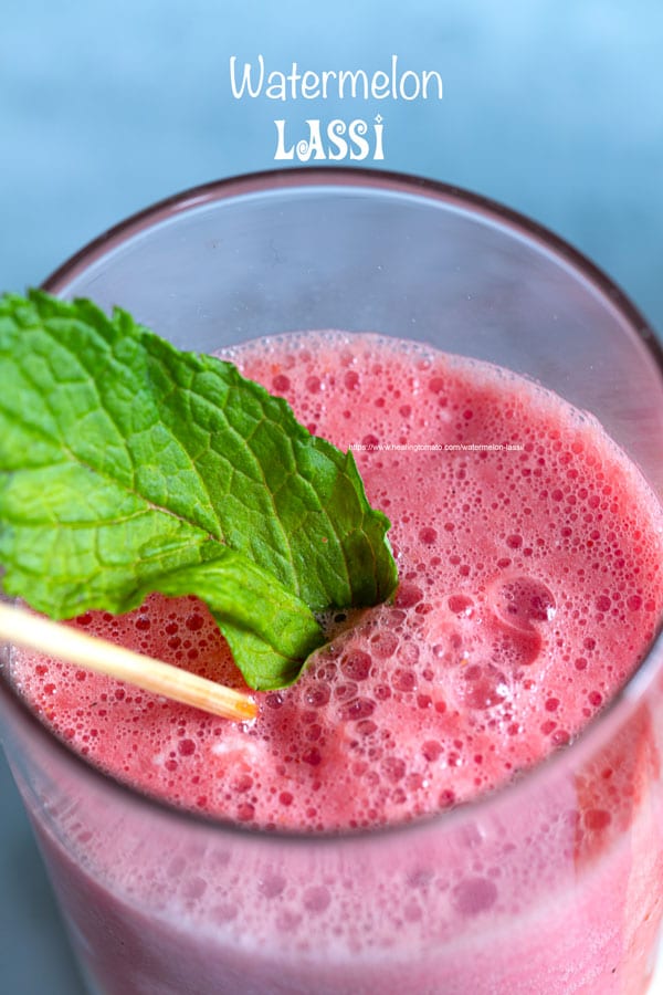 Overhead and closeup view of 1 small glasses filled with watermelon sweet lassi