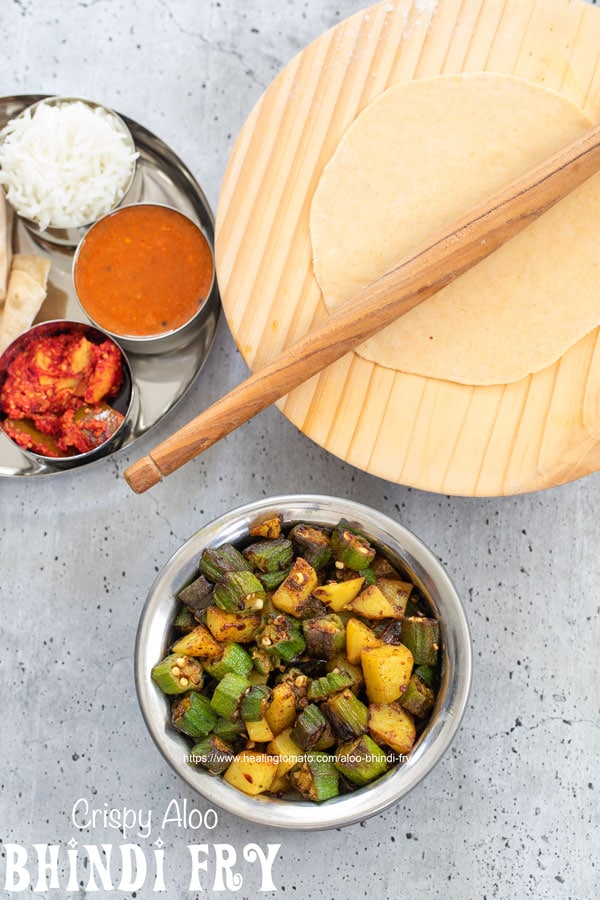 Top view of okra and potatoes in a bowl