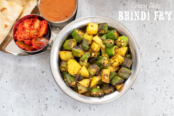 Top view of okra and potatoes in a bowl