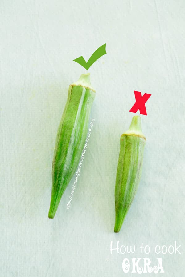 Top view of 2 okra side by side. One is long, slender with a check mark above and the other is a short one with a red X above