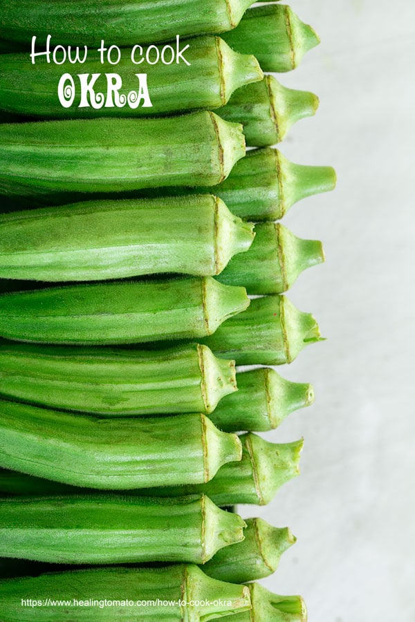 Top view of 2 rows of okra lined up on the left side of the screen - how to cook okra