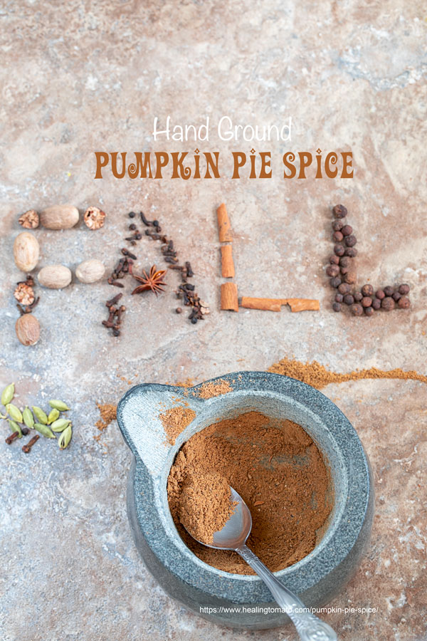 closeup view of ground pumpkin spice in a mortar and pestle with the words "FALL" written out with ingredients