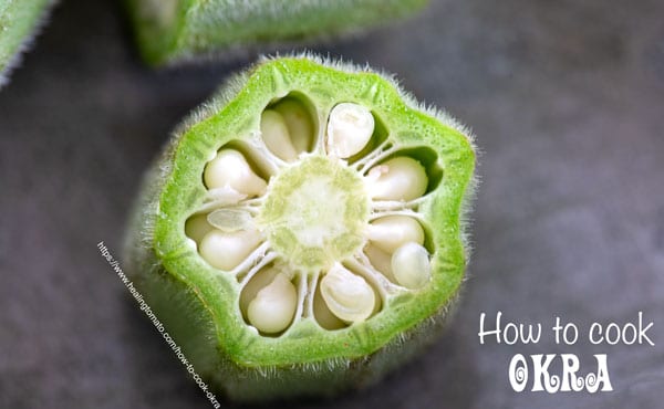 Closeup and crossection of an okra with fuzz visible