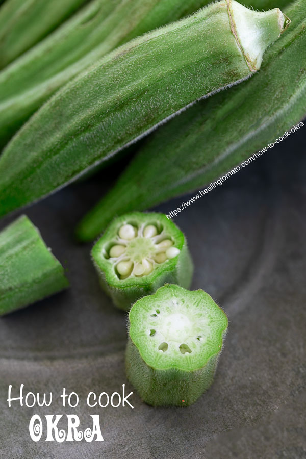 Front view of 2 rounds of cut okra and whole okras in the back