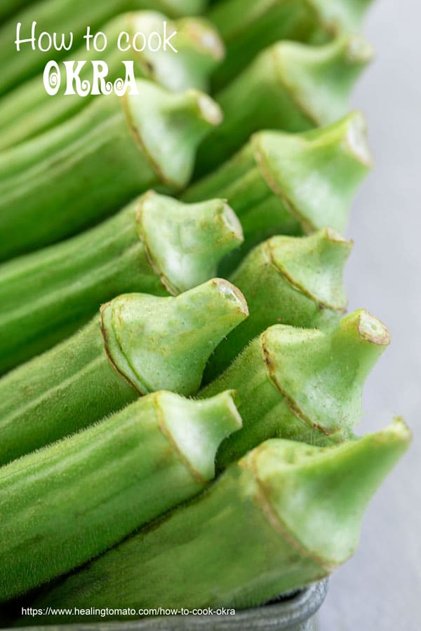 Closeup view of 2 rows of okra