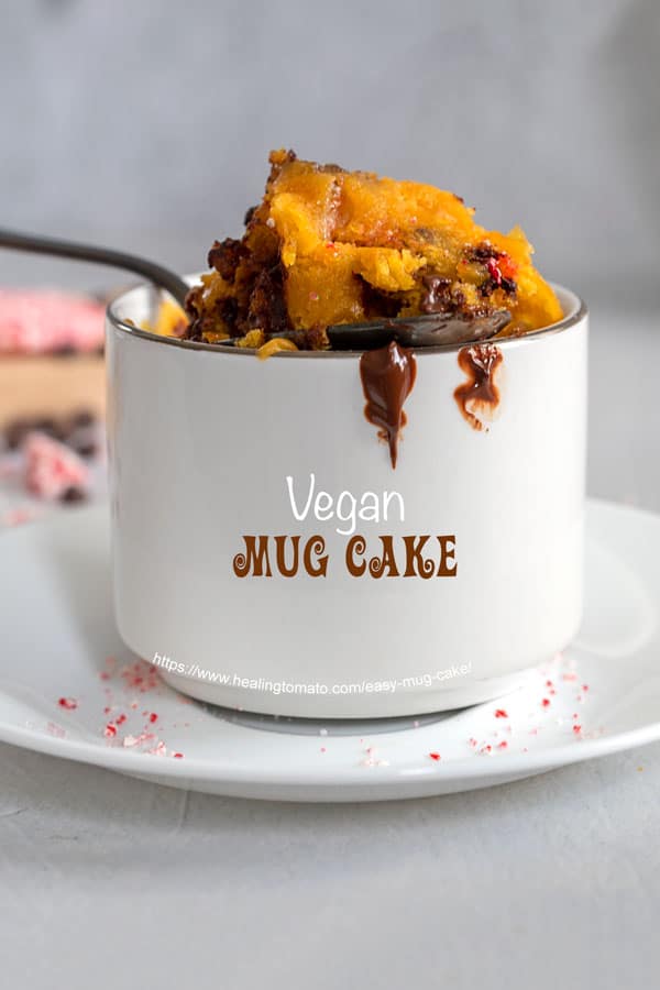 Front view of a spoon filled with pumpkin and chocolate chip cake on top of the rim of a mug