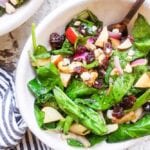 Top view of spinach salad in a white bowl - Erhardtseat - dried cranberries